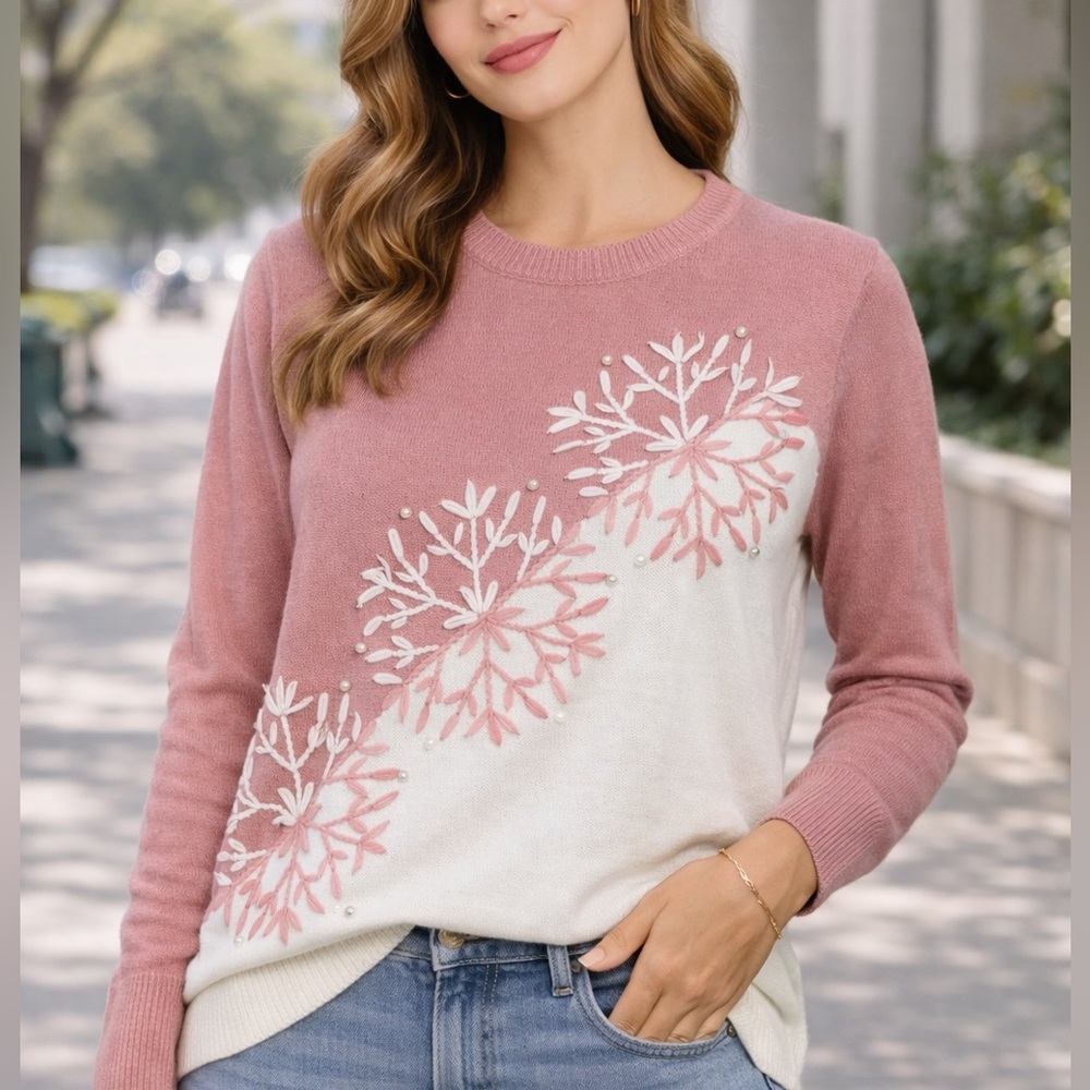 Woman Within Pink Ivory Floral Embroidered Sweater L 18/20 Plus Size Cottagecore